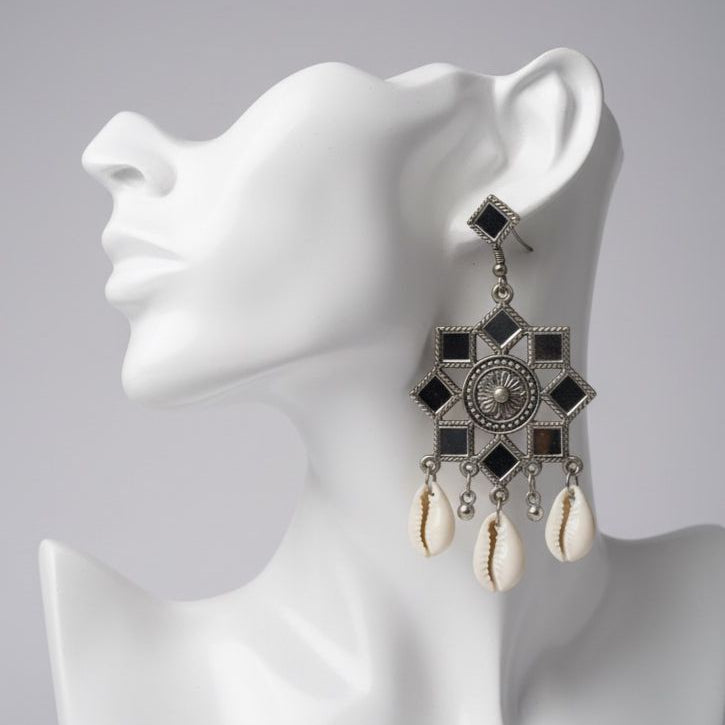 Mirror & Cowrie Shell Dangler Earrings