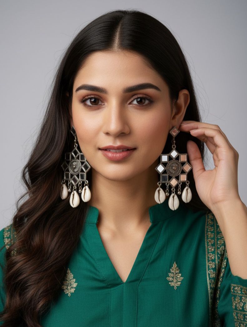 Mirror & Cowrie Shell Dangler Earrings