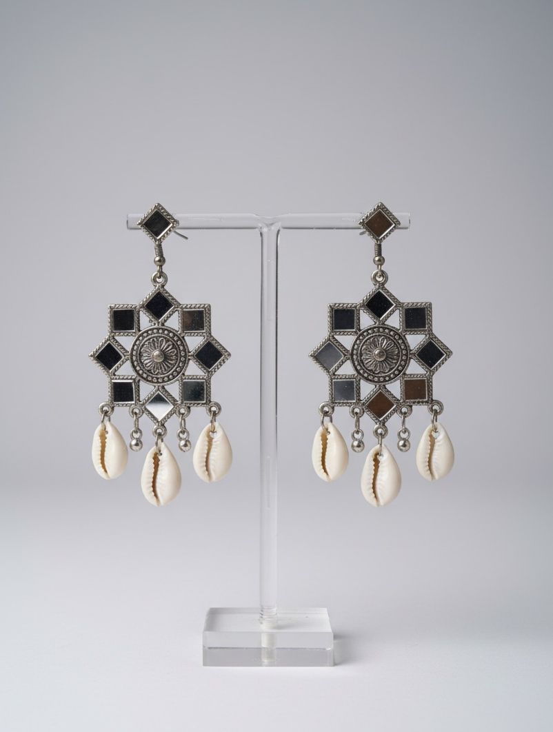 Mirror & Cowrie Shell Dangler Earrings