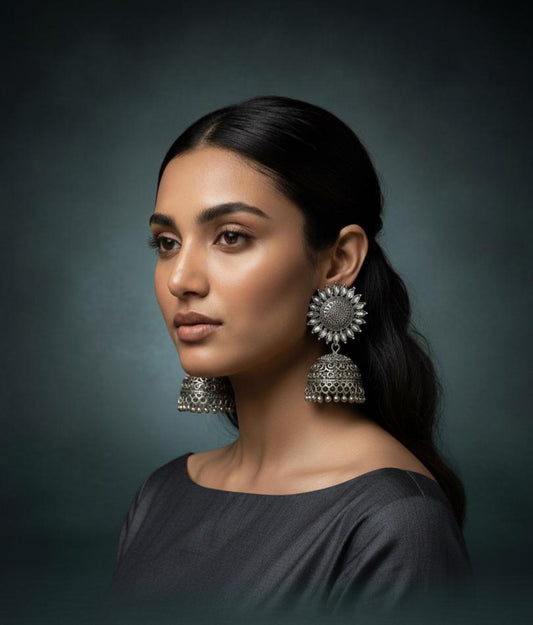 Oxidised Bead Trimmed Jhumkas