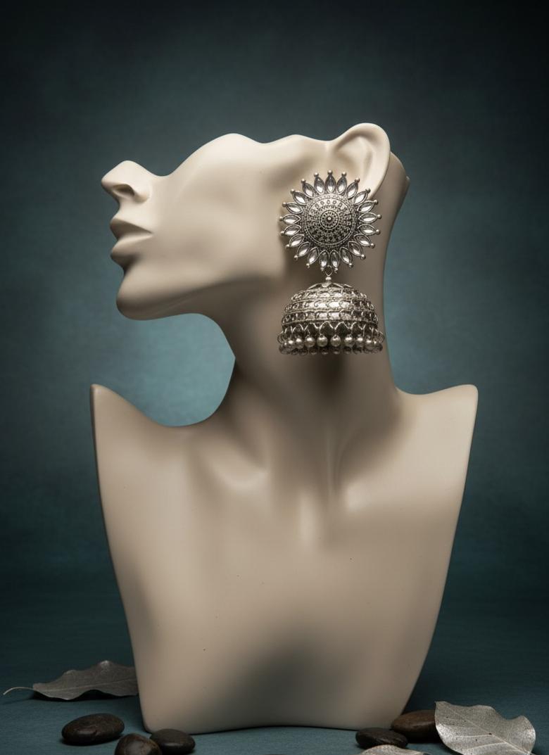 Oxidised Bead Trimmed Jhumkas