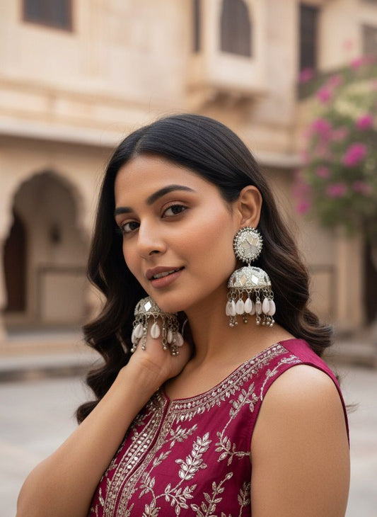 White Jhumkas (with Cowrie Shells)