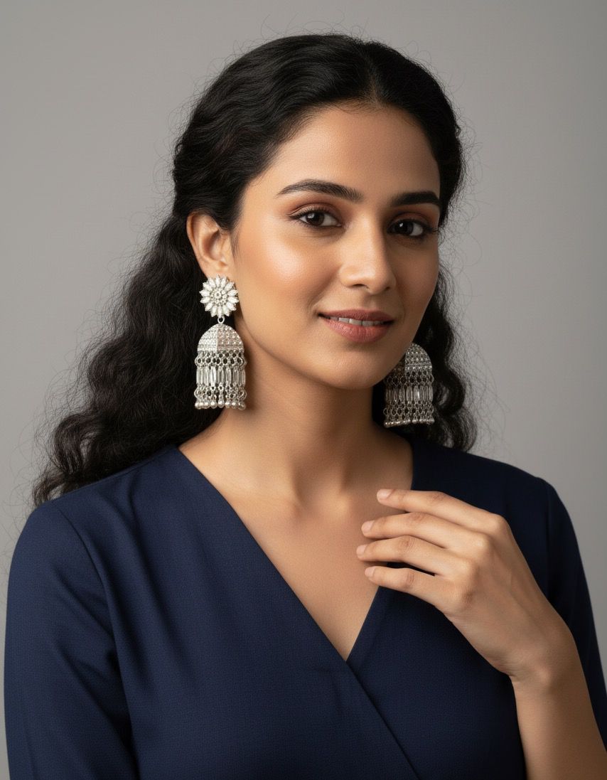 Regal Raani Silver Jhumka Earrings